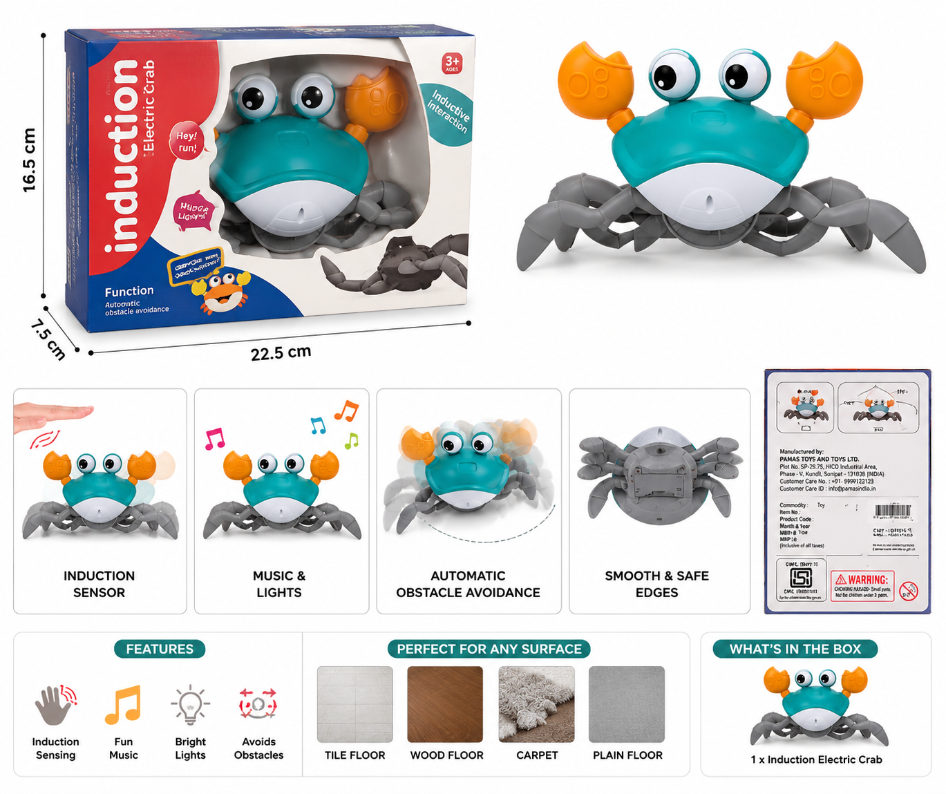 Induction Electric Crab Toy with Music, Lights & Obstacle Avoidance