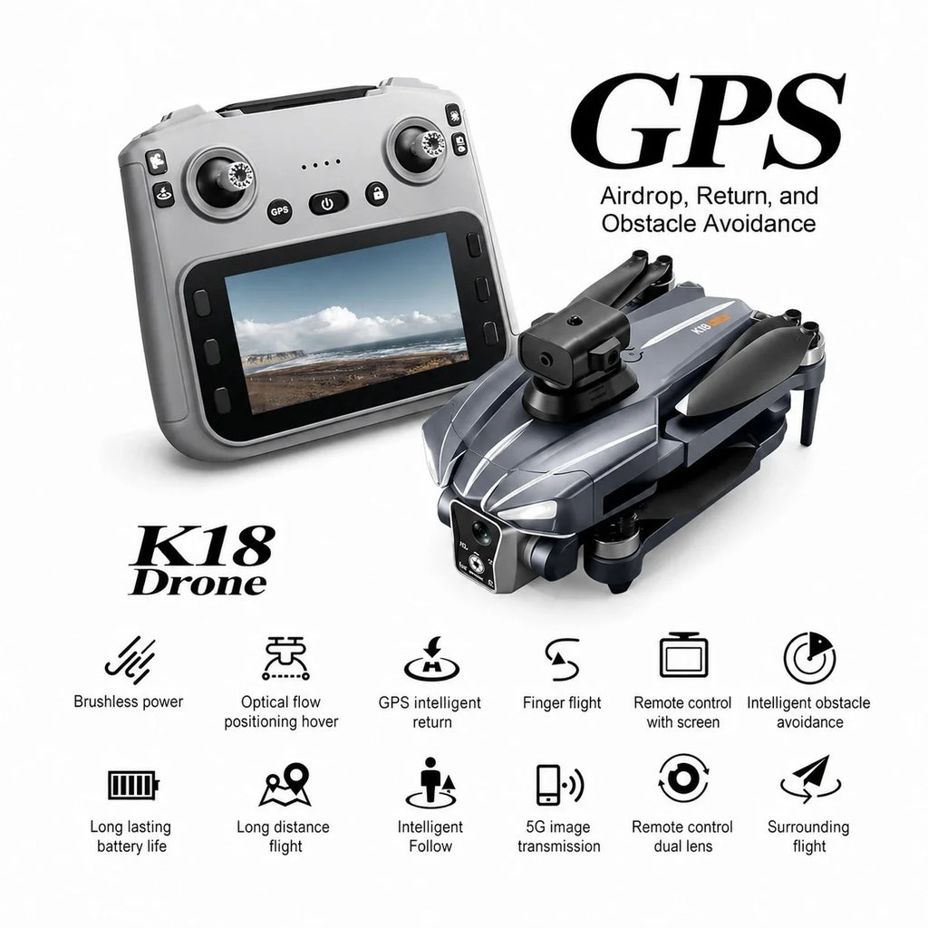 K18 Max GPS Drone with HD Gimbal Camera, Screen Remote, Return Home, Obstacle Avoidance & Airdrop Function