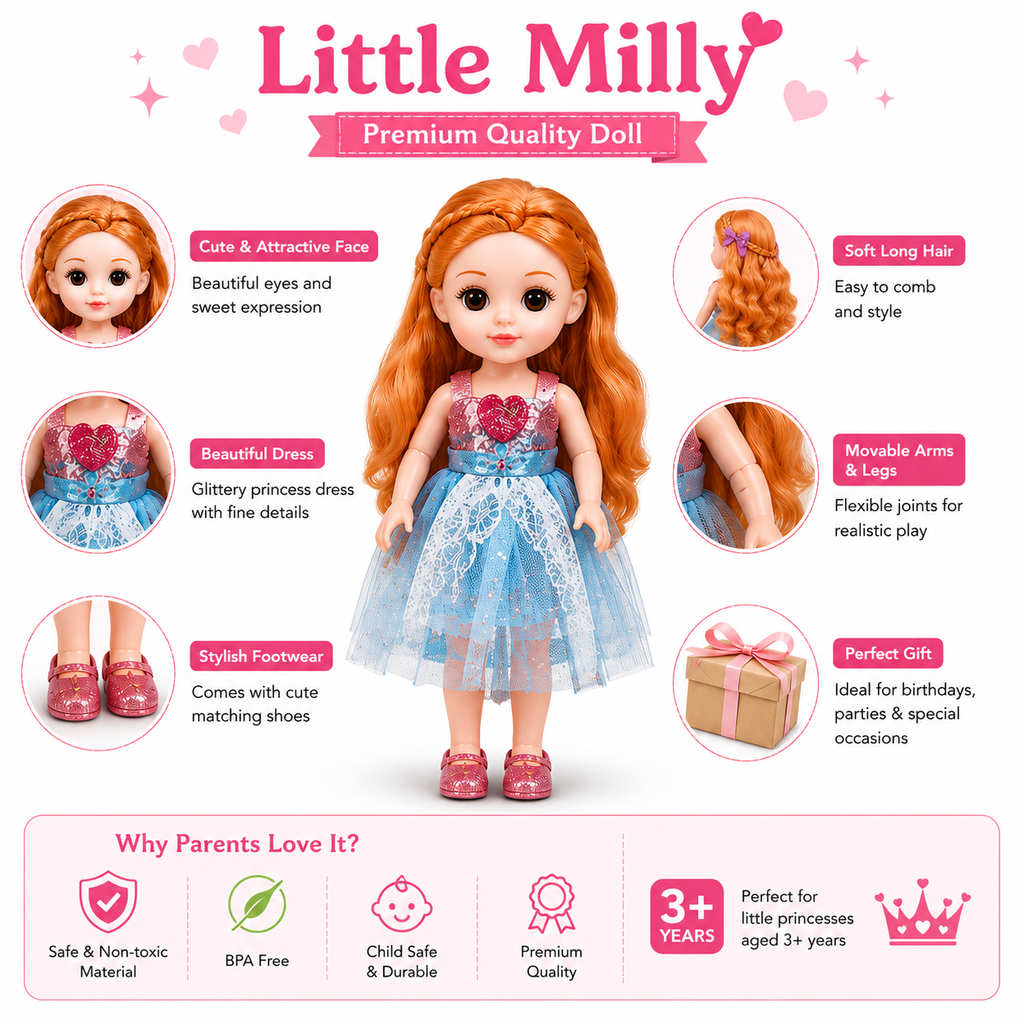 Little Milly Princess Fashion Doll with Dress & Long Hair