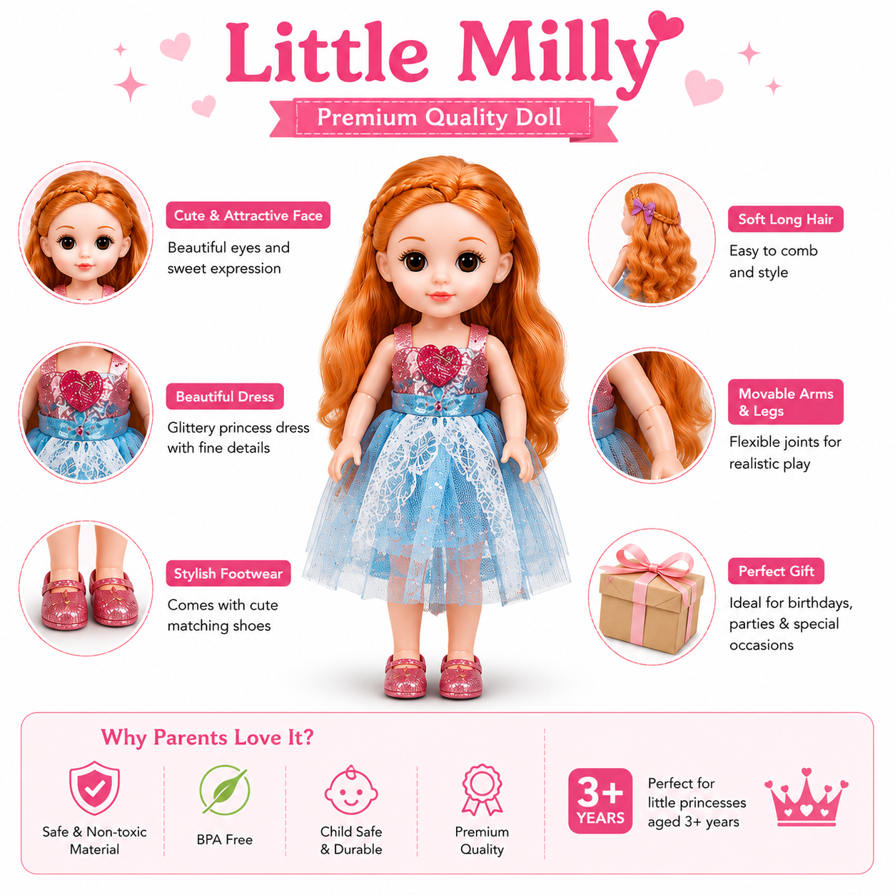 Little Milly Princess Fashion Doll with Dress & Long Hair
