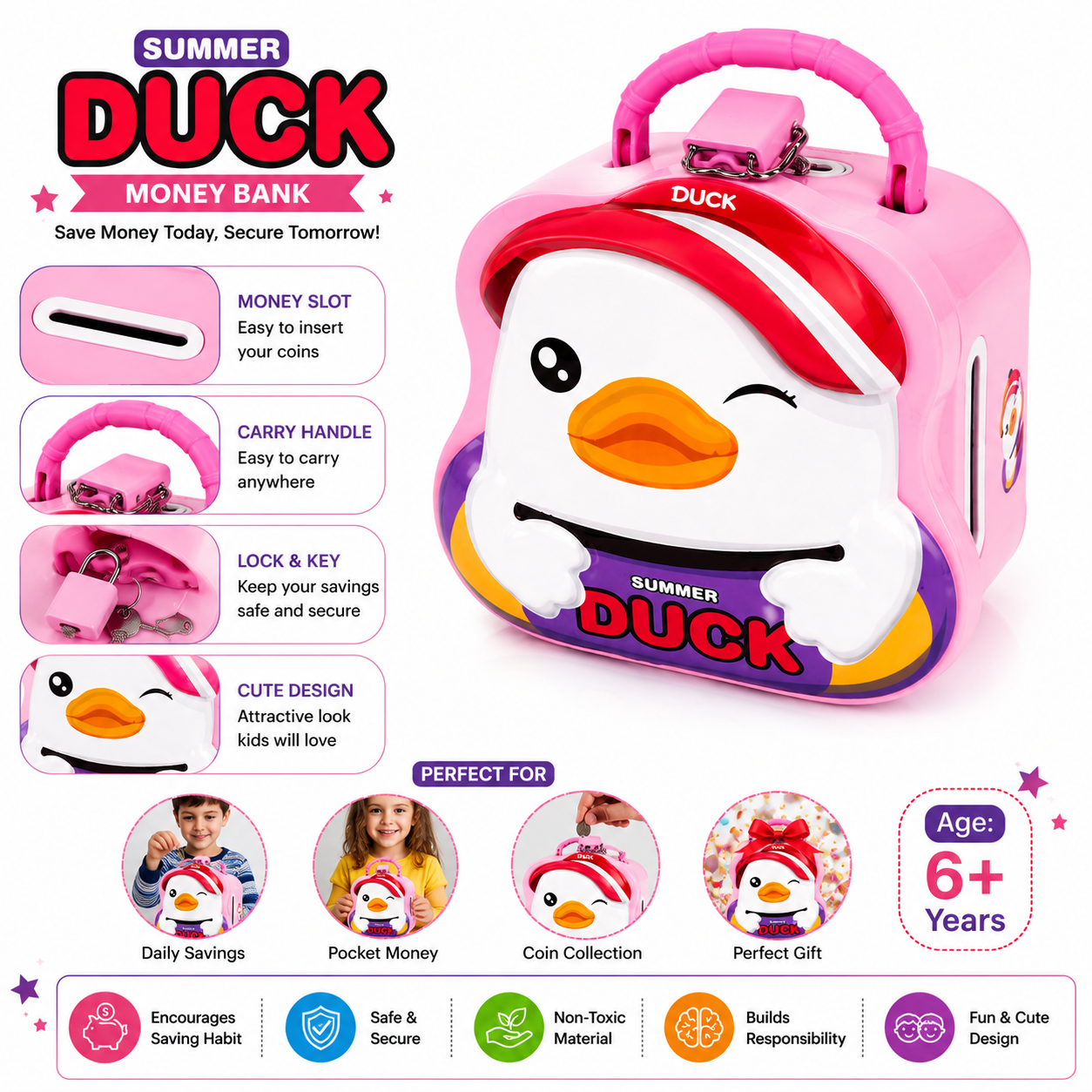 Cute Duck Coin Bank with Handle for Kids