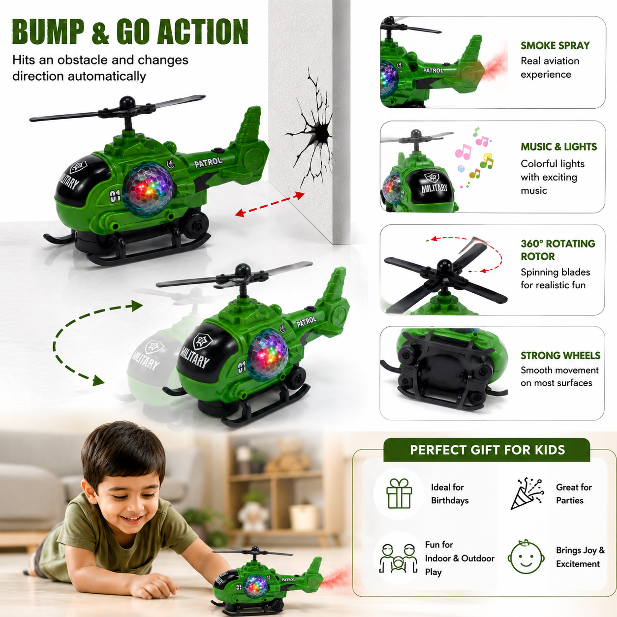 Army Spray Helicopter Toy with Lights, Music & Smoke Effects
