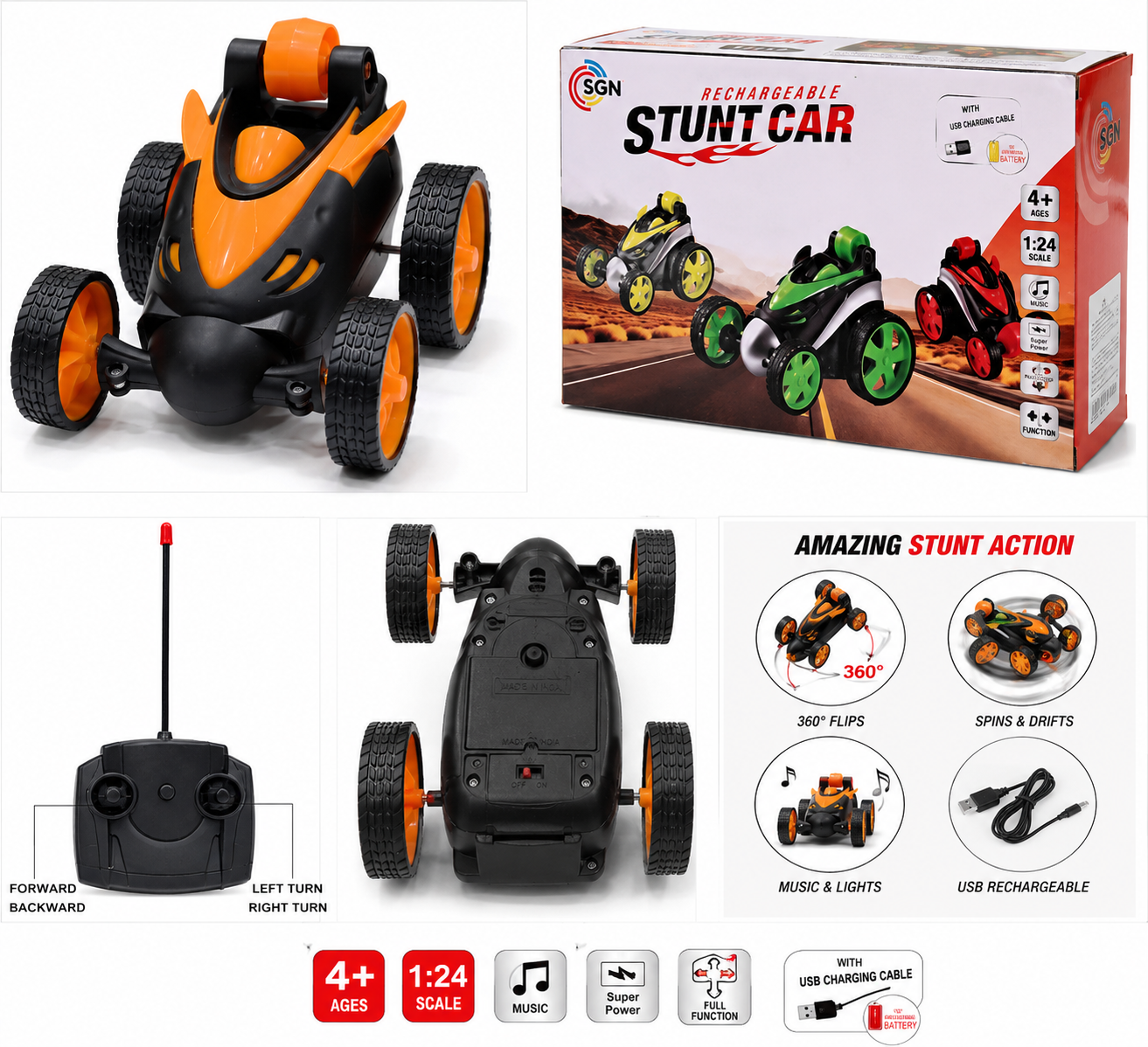 Rechargeable Remote Control Stunt Car with 360° Spins & Flips