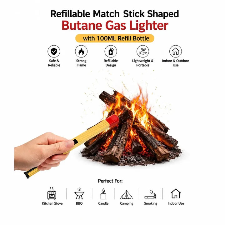 Match Stick Shaped Refillable Butane Gas Lighter (Multipurpose)