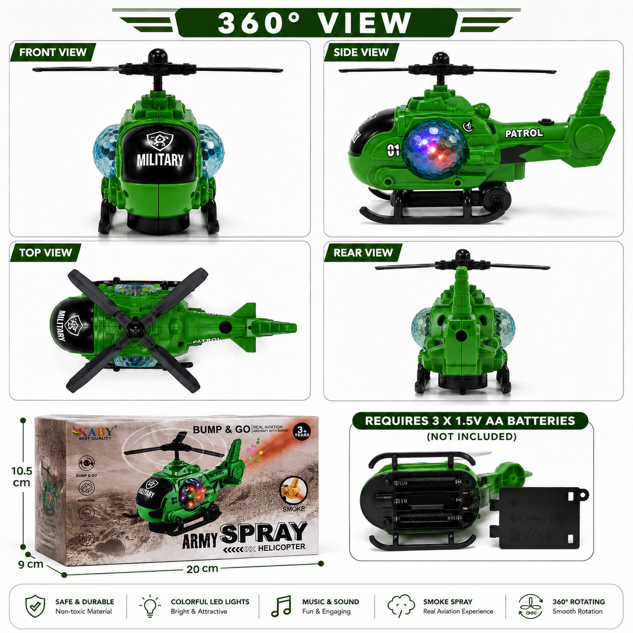 Army Spray Helicopter Toy with Lights, Music & Smoke Effects