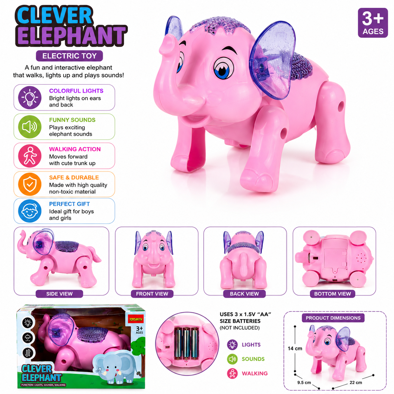 Clever Elephant Electric Walking Toy with Lights & Sounds
