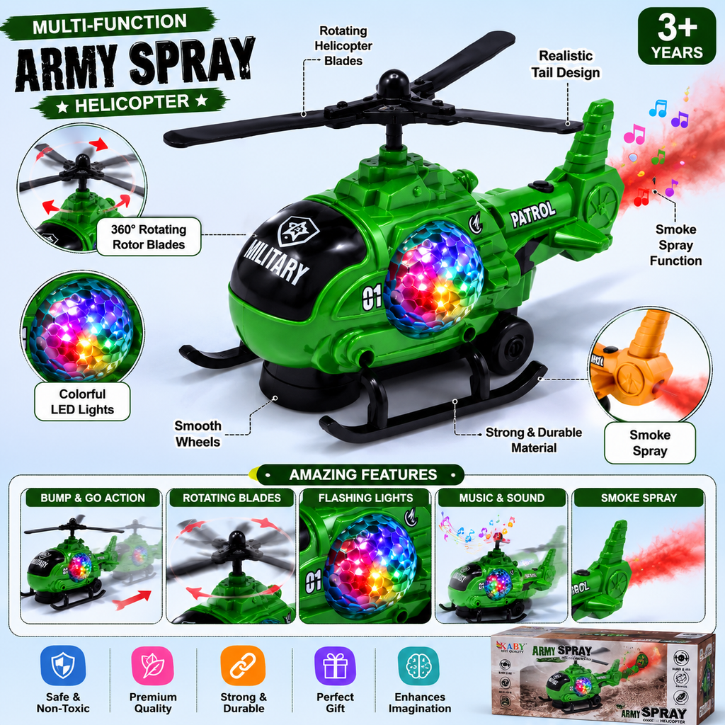 Army Spray Helicopter Toy with Lights, Music & Smoke Effects