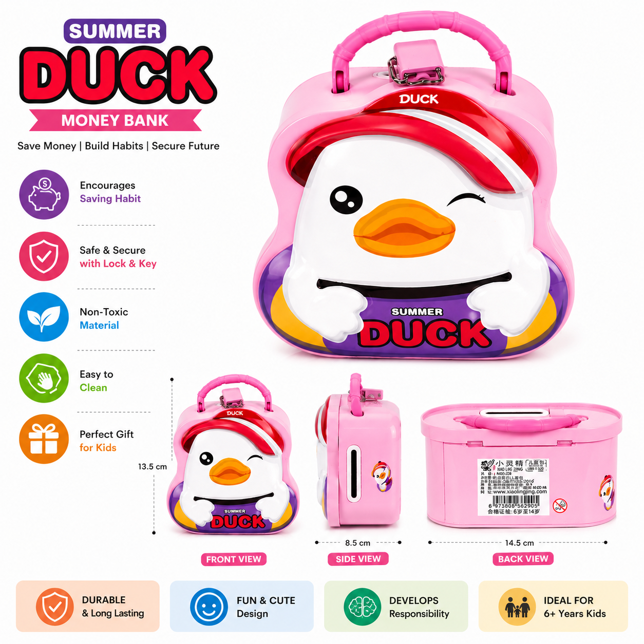 Cute Duck Coin Bank with Handle for Kids