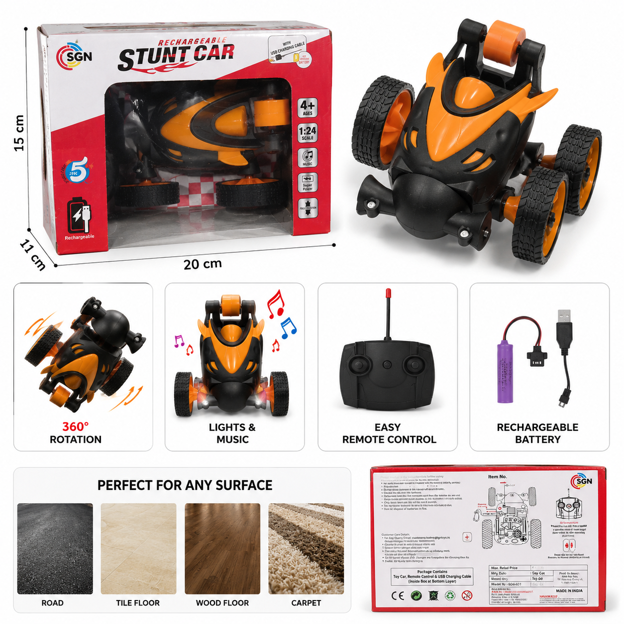 Rechargeable Remote Control Stunt Car with 360° Spins & Flips