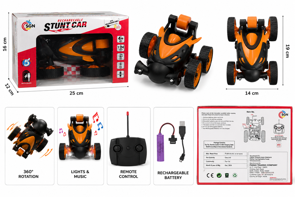 Rechargeable Remote Control Stunt Car with 360° Spins & Flips